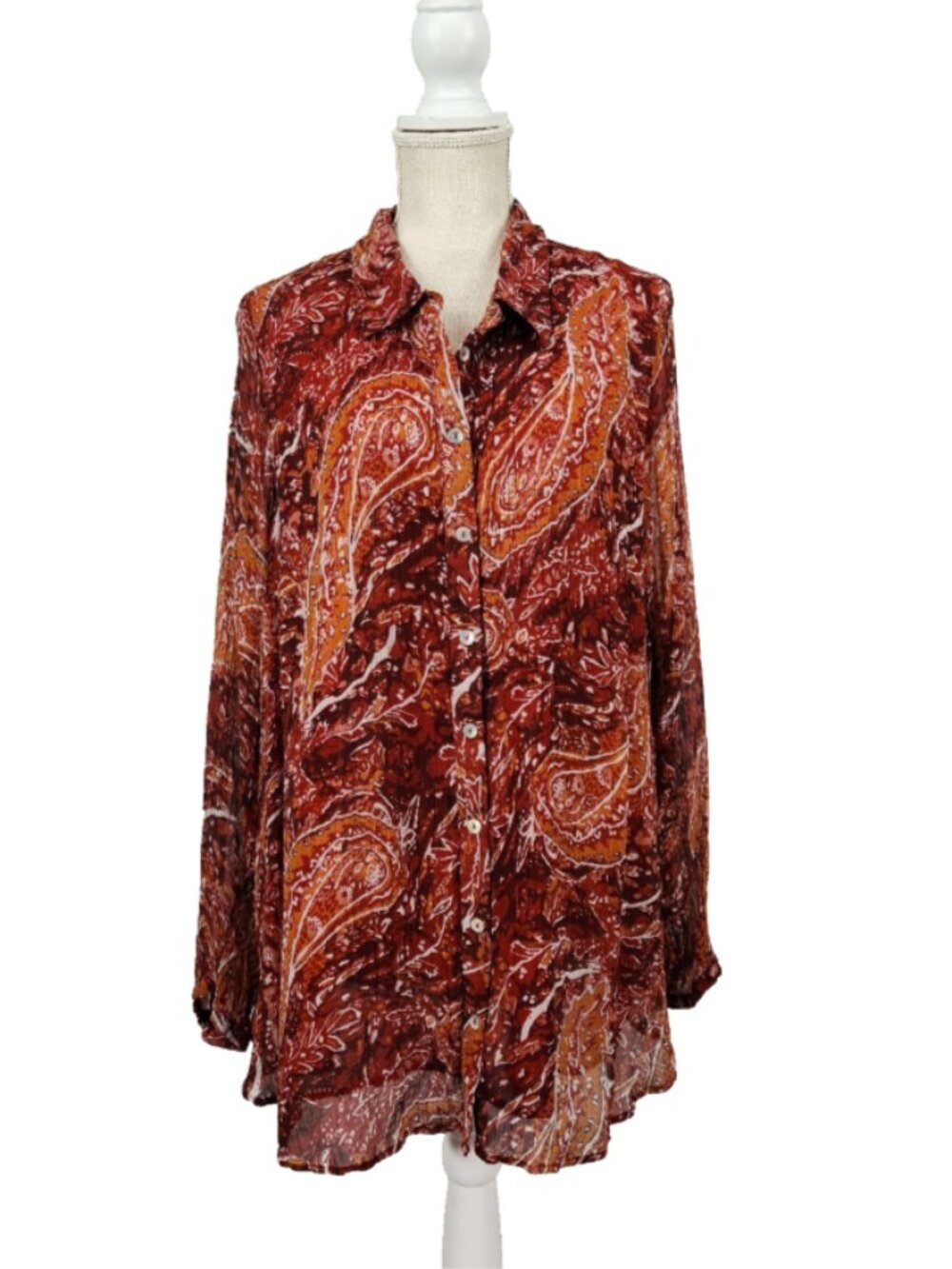 Soft Surroundings Sheer Lined Paisley Button Up Shirt Womens 1X Boho Orange